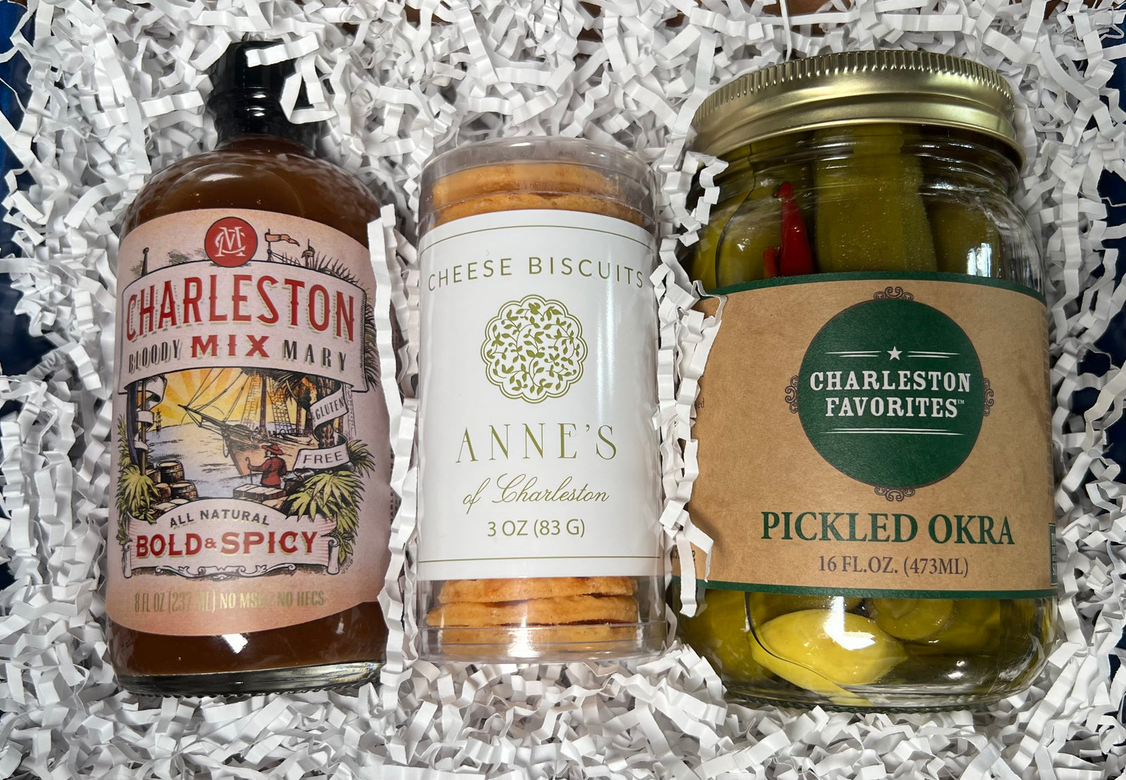 Charleston Bloody Mary Gift Box with Charleston Bloody Mary Mix, Charleston Favorites Pickled Okra, and Anne's Cheese Biscuits