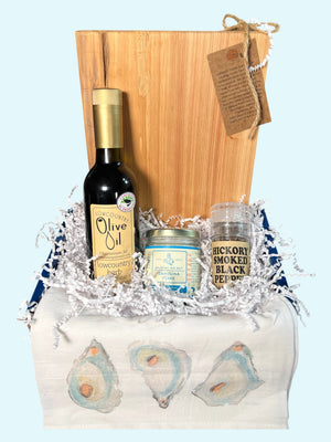 Charleston Connoisseur Gift Box with Landrum Board, EVOO, Bulls Bay Salt, Holy Smoke Pepper and Coastal Tea Towel