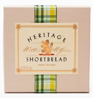 Heritage Shortbread Lemon Infused Box Small with green and yellow plaid ribbon on white background 