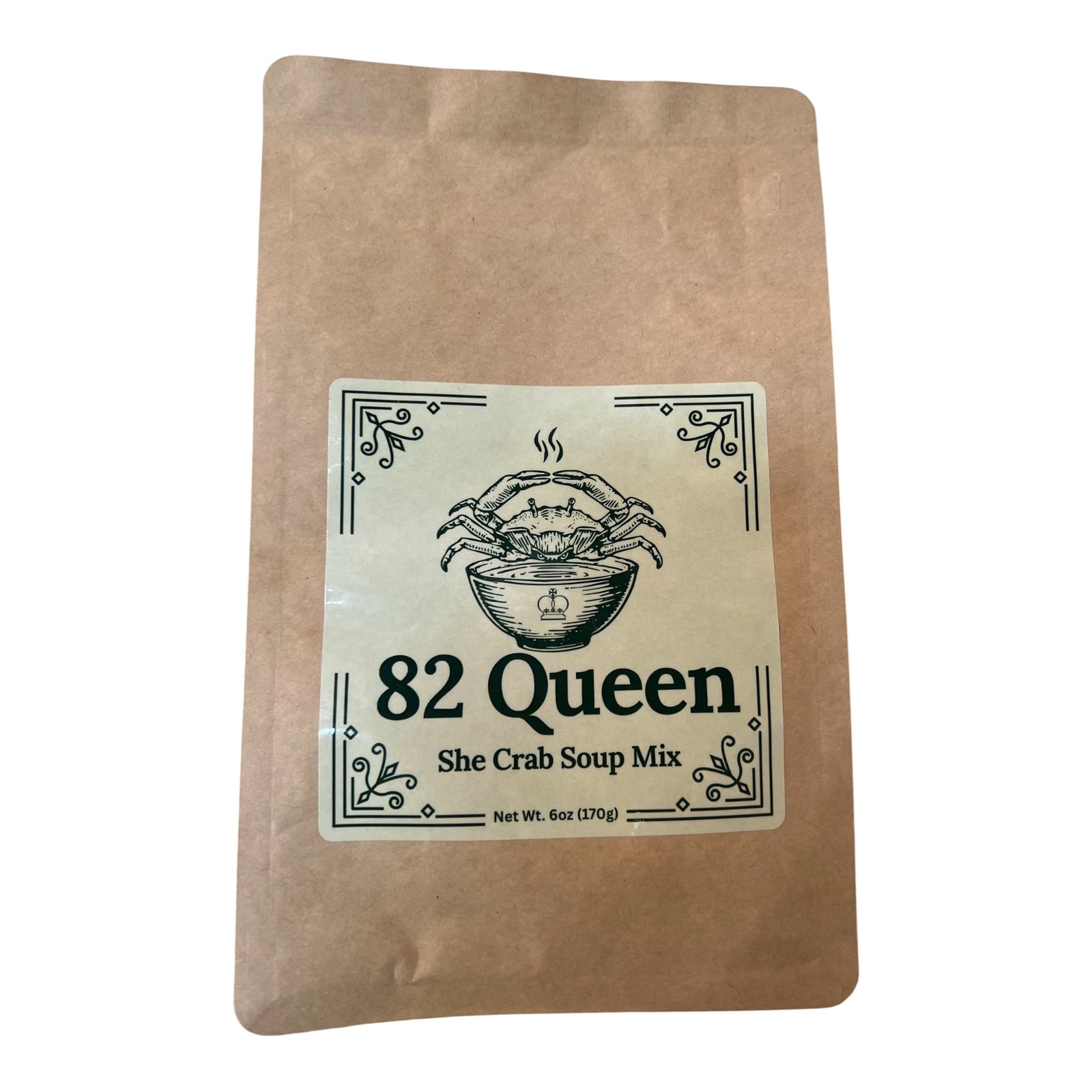 A 6 oz (170g) pouch of 82 Queen She Crab Soup Mix in a brown kraft paper bag with a cream-colored label.