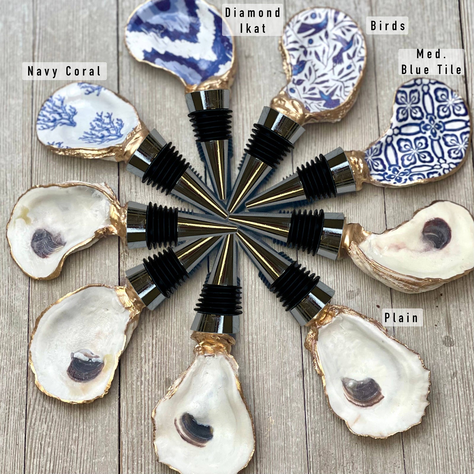 Oyster Wine Stopper: Blue Ikat