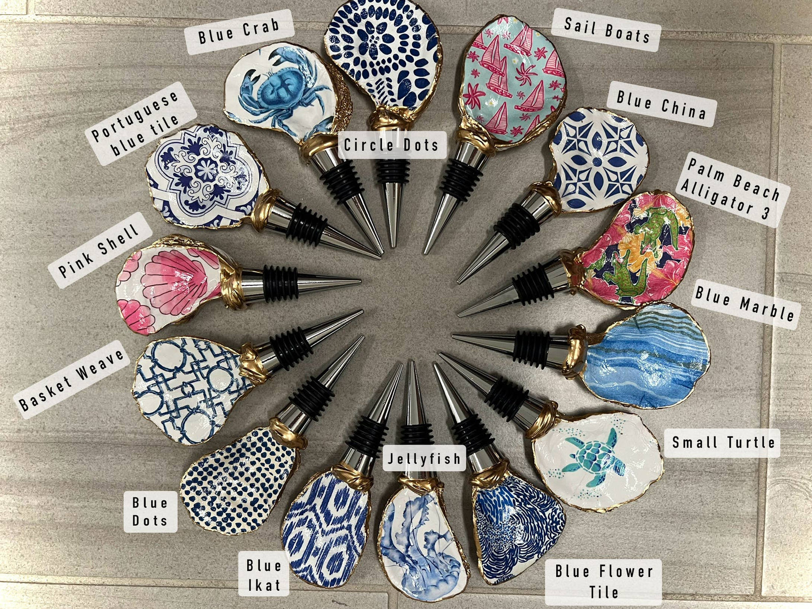 Oyster Wine Stopper: Blue Ikat
