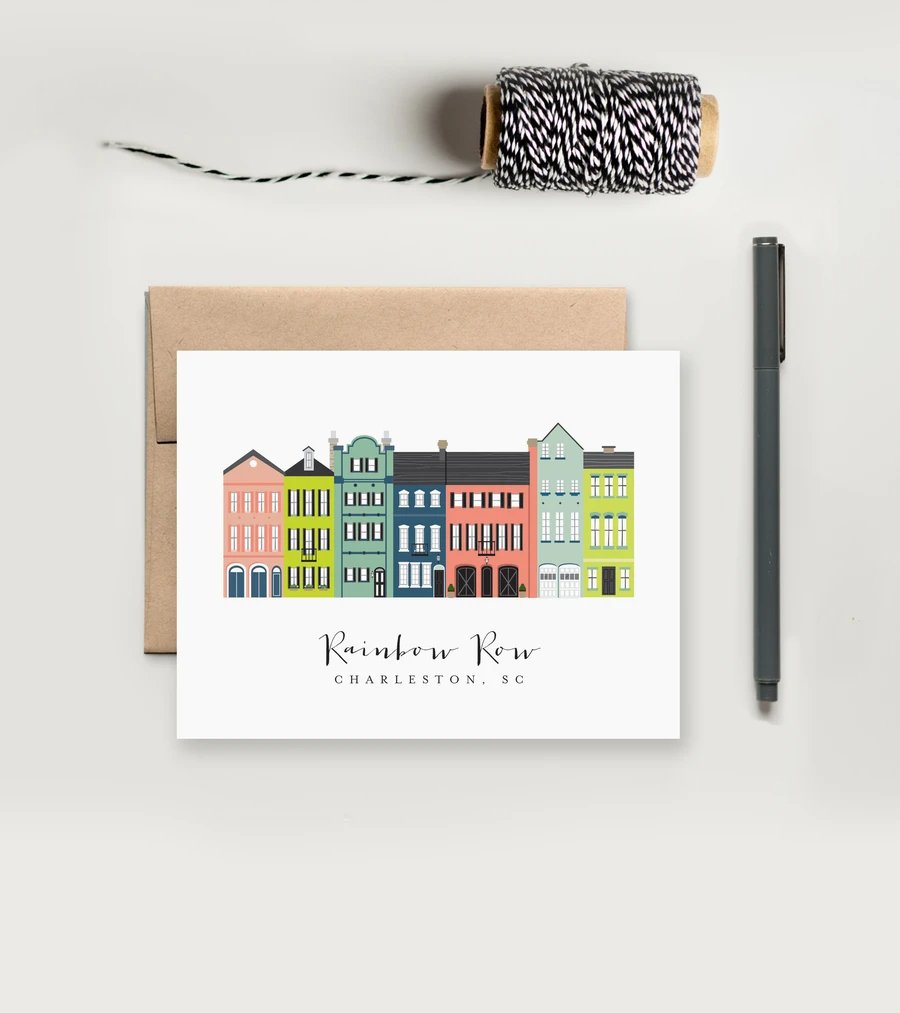 Charleston Rainbow Row Single Greeting Card by Texture Design - Essentially Charleston