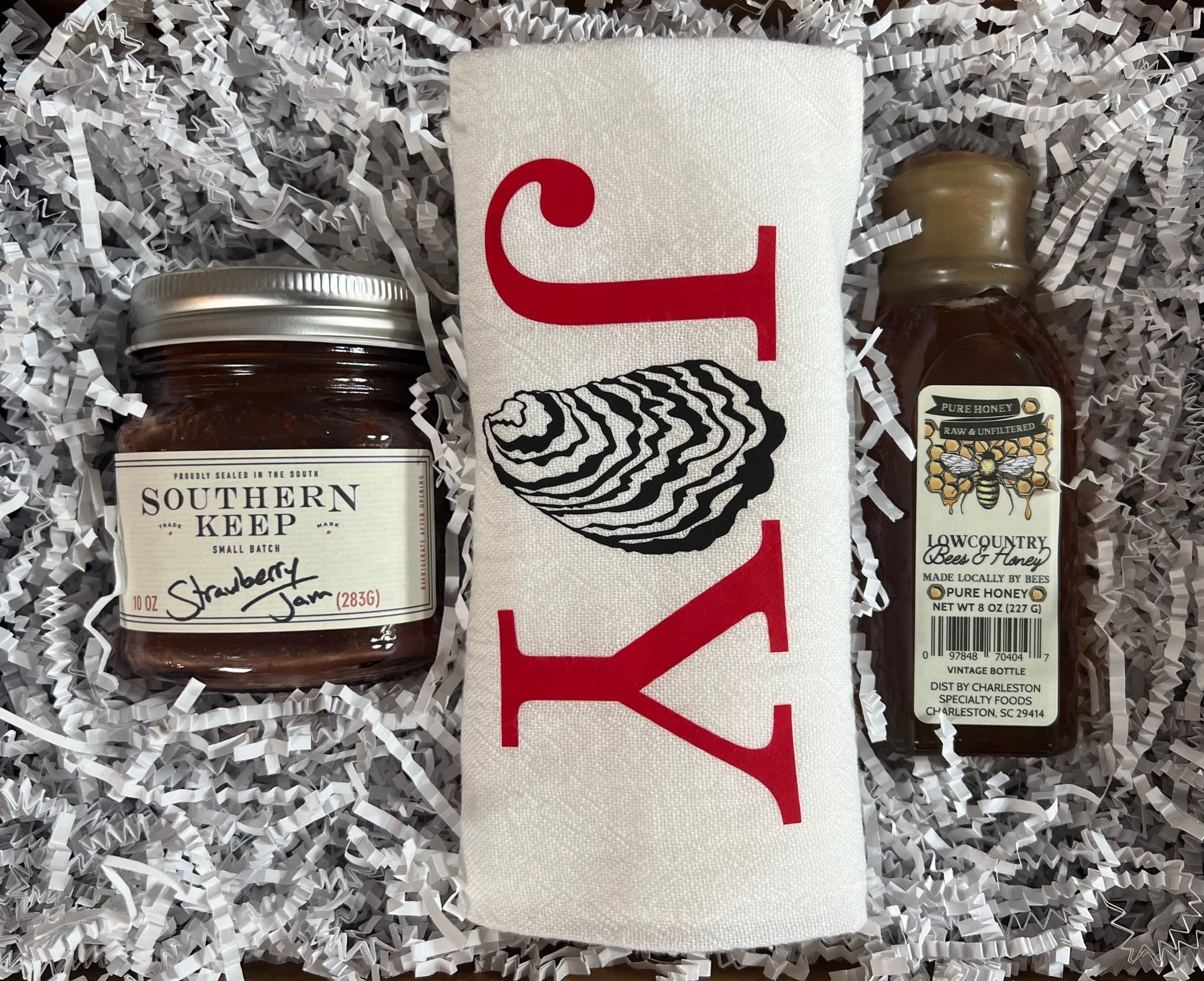 Holiday Trio: Southern Keep Jam, Lowcountry Bees & Honey and Joy Tea Towel - Essentially Charleston