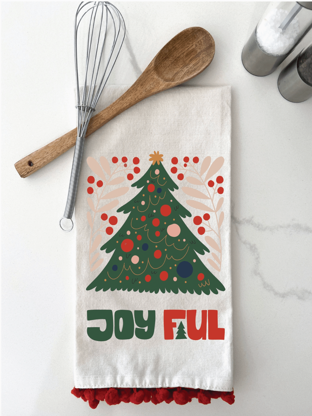 "Joyful" Holiday Tree Tea Towel with Red Pom Poms - Essentially Charleston