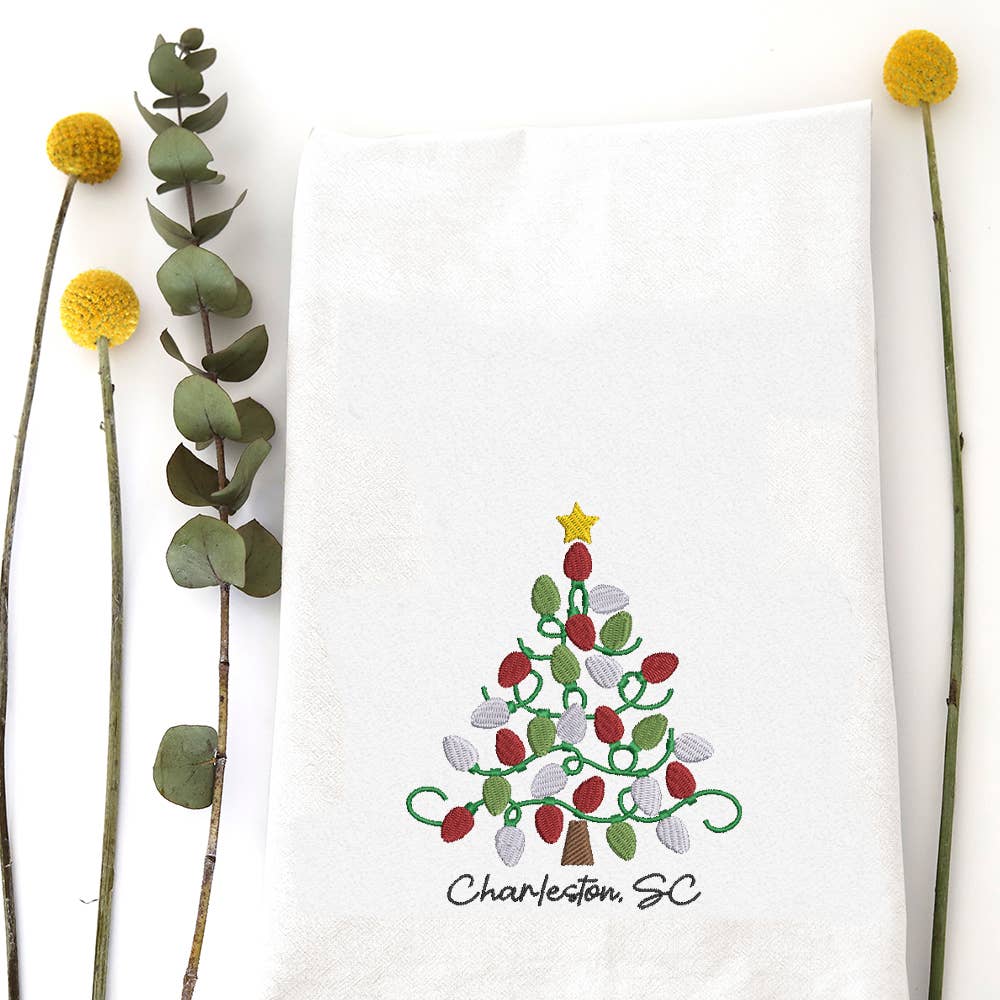 Lightbulb Tree Embroidered Tea Towel