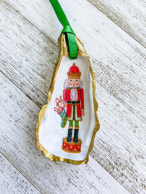 Nutcracker Oyster Shell Ornament: Blue with Candy Cane - Essentially Charleston