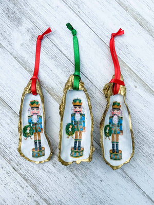 Nutcracker Oyster Shell Ornament: Blue with Present - Essentially Charleston