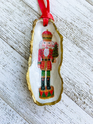 Nutcracker Oyster Shell Ornament: Red with Tree - Essentially Charleston