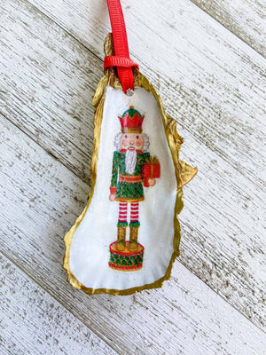 Nutcracker Oyster Shell Ornament: Red with Tree - Essentially Charleston