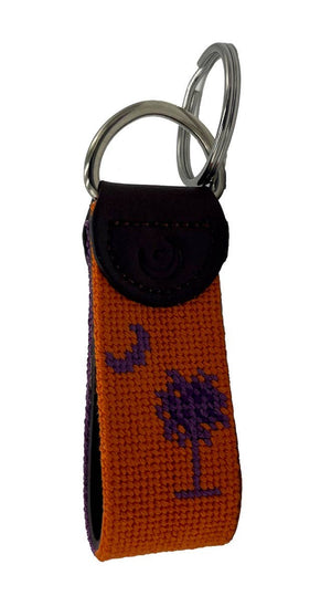 Palmetto Moon Orange Purple Handstitched Needlepoint Keychain by Charleston Belt - Essentially Charleston
