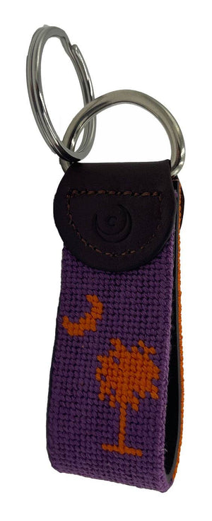 Palmetto Moon Orange Purple Handstitched Needlepoint Keychain by Charleston Belt - Essentially Charleston