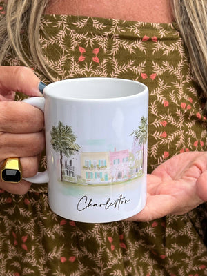 Rebecca Illustrated Rainbow Row & Pineapple Mug - Essentially Charleston