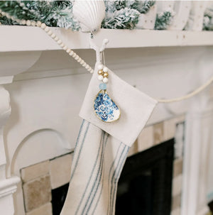 Grit and Grace Decoupage Oyster Shell Ornament or Napkin Ring: Indigo Floral - Essentially Charleston