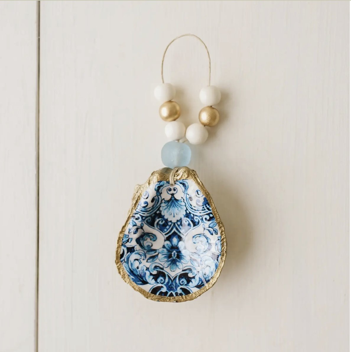 Grit and Grace Decoupage Oyster Shell Ornament or Napkin Ring: Indigo Floral - Essentially Charleston