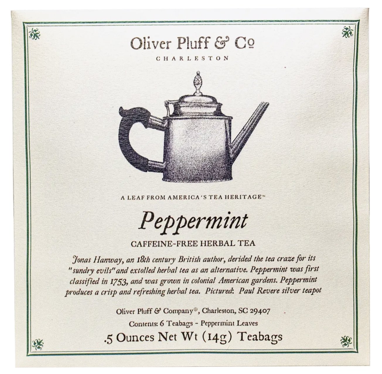 Oliver Pluff & Company Peppermint Teabags - Essentially Charleston