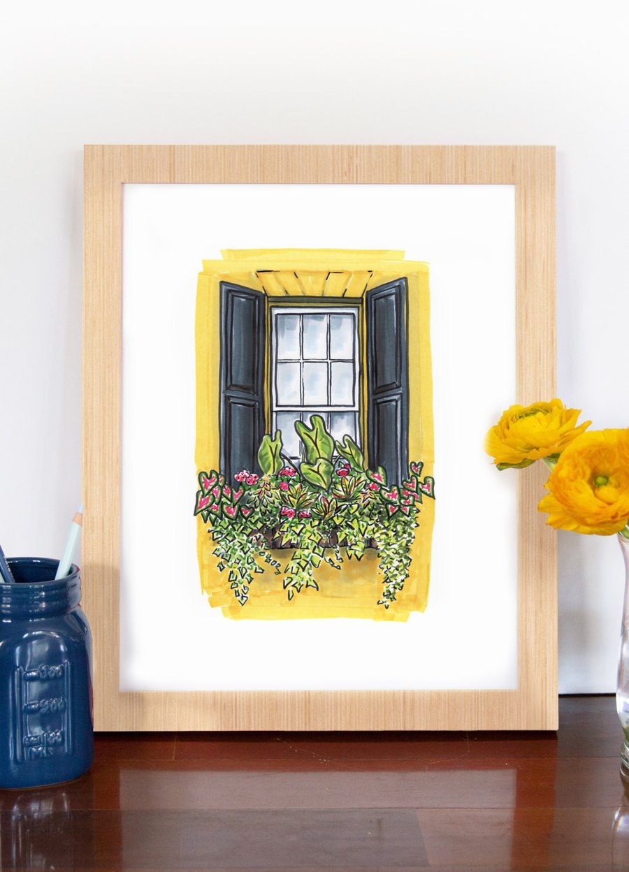 Texture Design Co. Flower Box Print "Yellow House with Black Shutters" - Essentially Charleston
