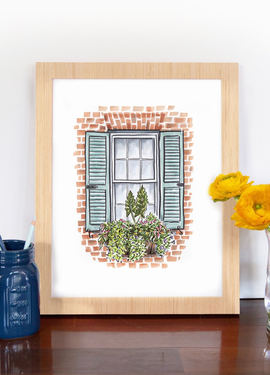 Texture Design Co. Window Box Print "Brick House and Blue Shutters" - Essentially Charleston