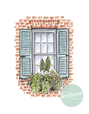 Texture Design Co. Window Box Print "Brick House and Blue Shutters" - Essentially Charleston