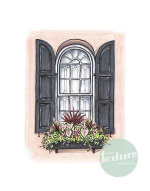 Texture Design Co. Window Box Print "Coral House with Arched Shutters" - Essentially Charleston